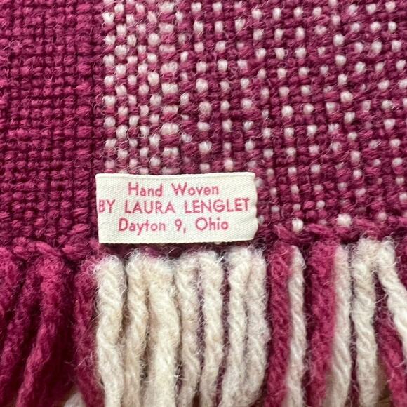 Hand Woven Wool Blanket 58 x 36" by Laura Lenglet Maroon Ivory Geometric Fringe - Picture 4 of 7